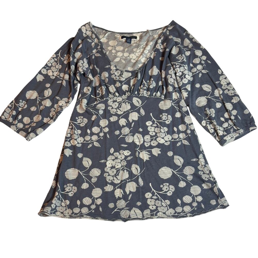 American Eagle Floral Peplum Top S Blue Gray White 3/4 Sleeve Boho Cotton Blend